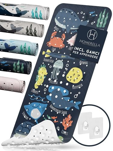 homerella® Tappetino antiscivolo vasca da bagno bambini 100 x 40 cm | Tappeto antiscivolo doccia bambini | Extra confortevole e antibatterico | INCL. GANCI (Navi)