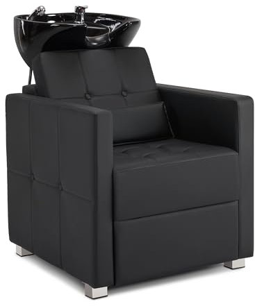 Barberpub Friseurstuhl mit Waschbecken, Friseurwaschbecken aus Keramik Verstellbar, Rückwärtswaschsessel Friseurwaschsessel für SPA Salon, Friseur Waschplatz 8010 (Schwarz/PVC)