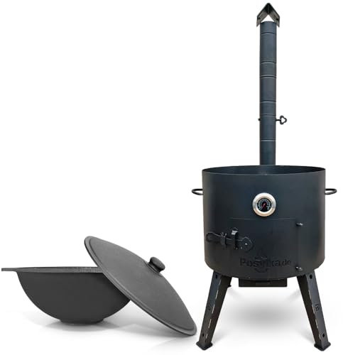 Utschak Feuerofen Gusseisen Topf flacher Boden mit Deckel (22 L) KazanoFF, Учаг, Kazan Outdoor, Feuerschale, Camping, Kasan, Gulaschkanone Dutch Oven (Set 22F-6)