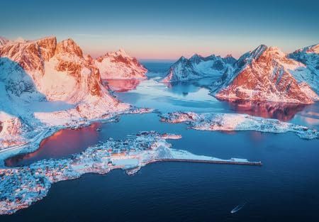 Acryl-Bild 40 x 30 cm: Luftaufnahme von Reine bei Sonnenaufgang im Winter. Draufsicht auf die Lofoten-Inseln, Norwegen. Panoramalandschaft mit blauem (108435478)