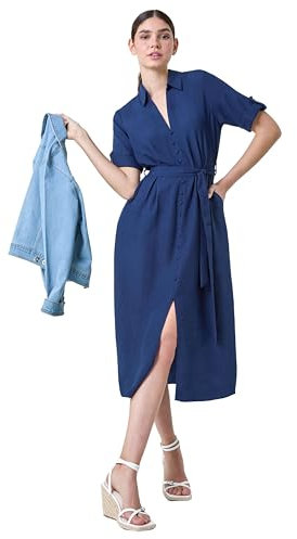 Roman Originals Shirt Dress for Women UK- Ladies Short Sleeve Sleeveless Belted Collared Midi Maxi Summer Spring Smart Casual Button Evening Office A Line Swing Skater - Plain Navy - Size 18
