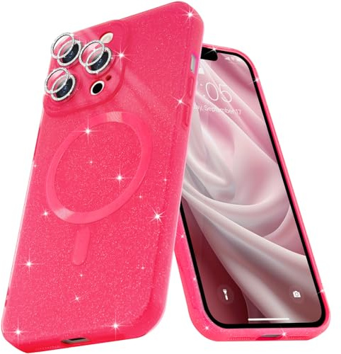 Micoden for iPhone 15 Pro Max Case Bling Compatible with Magsafe Hot Pink | Magnetic Cute Glitter Sparkle Shiny Phone Case for Women Girl,Shockproof with Camera Protector-Hot Pink