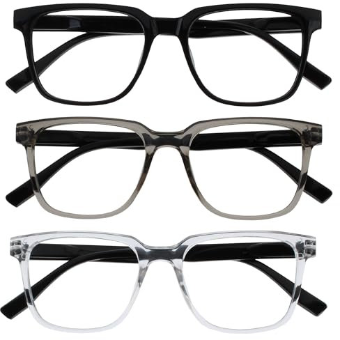 OPULIZE LEO Lesebrille - 3er-Pack - Großes Rechteckiges Gestell - Schwarz, Grau, Klar - Herren Damen - Federscharniere - RRR55-17C - +1.50