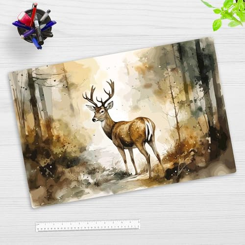 Schreibtischunterlage für Kinder und Erwachsene - Hirsch im Wald Aquarell - 60 x 40 cm - aus hochwertigem Vinyl - Made in Germany