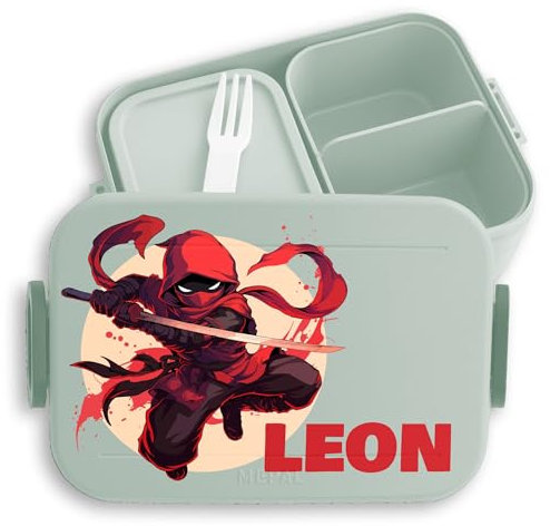 Kinder Bento Box Midi Lunchbox für Mepal Bentobox - Ninja mit Name personalisiert I Schulkind Geschenk Schule - 900 ml - Sage Grün - schulbrotdose junge brotbox brotdose fächern jungen schwarz