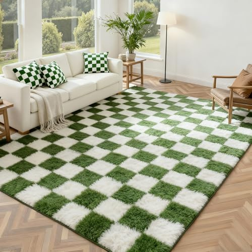 Andency Teppich für Wohnzimmer, Schlafzimmer, klassisch, kariert, rutschfest, weich, niedlich, flauschig, 1,5 x 1,8 m, Grün und Weiß