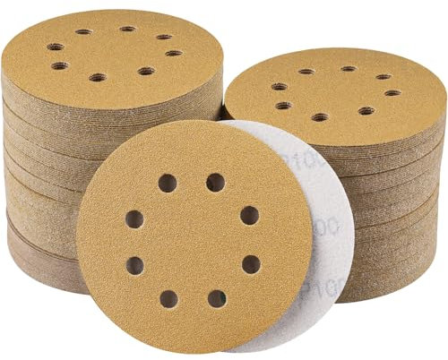 Sruhrak 100 Unidades de Papel de Lija de Velcro de 125 mm, Juego de Papel de Lija con 8 Agujeros, Discos de Lija Redondos de 5 Pulgadas para Lijadora Orbital (Grano 100)