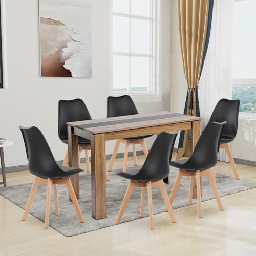 FURNITABLE Esstisch mit 6 Stühlen Esszimmergruppe, 6er Set Esszimmerstühle und 110CM Rechteckig Holztisch Essgruppe für Wohnzimmer Küche Büro (Walnuss-Schwarz Tisch+6 Schwarz Stühle)