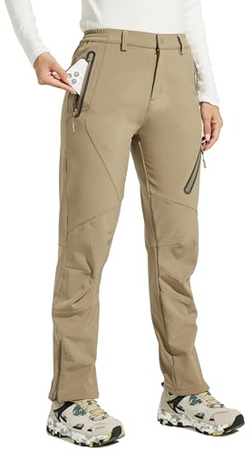 WILLIT Damen Schneehose Thermohose Gefüttert Wanderhose Wasserdicht Softshellhose Fleece Skihose Warm Trekkinghose Winter Outdoorthose Isoliert Kaltes Wetter Khaki M