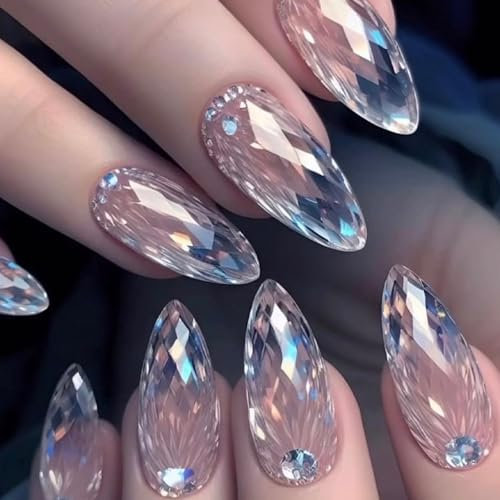 Ceboic French Stiletto False Nails Medium, 24Pcs Almond Press on Nails White Gradient Elegant Fake Nails with Glue Stickers, Natural & Reusable Full Cover Acrylic Stick on Nail for Women and Girls