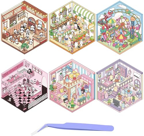 AYNKH 6 Sets DIY 3D Haus Game Aufkleber,Lustige DIY Aufkleber Szenen,DIY Vergnügungspark |Café |Teehaus |Restaurant |Gasthaus,Tier Cartoon-Szene Aufkleber,Geeignet Erwachsene Kinder,Sticker Therapy