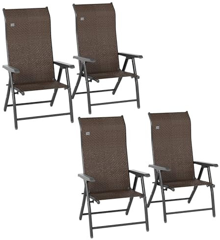 Outsunny Set of 4 Outdoor Wicker Folding Chairs, Patio PE Rattan Dining Armrests Chair set with 7 Levels Adjustable Backrest, for Outdoors, Camping, Dark Brown