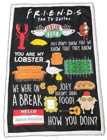 Decke Sherpa Friends TV-Serie, Plaid mit ikonischen Drucken, schwarzes Design mit Zitaten How You Doin, You Are My Lobster