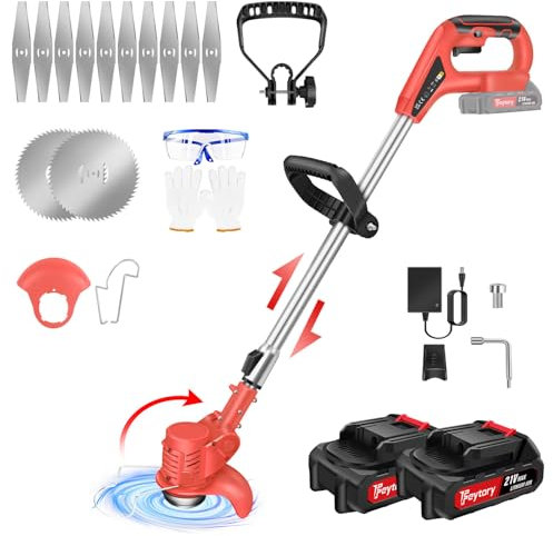 Cordless Grass Trimmer – 21V Electric Lawn Trimmer/Edger for Flower Beds & Lawns – 2x 1.5Ah Battery, Extendable Telescopic Handle, 12x Metal Blades, Rotating/Swivel Head, for Lawn Edger Pruning Weed