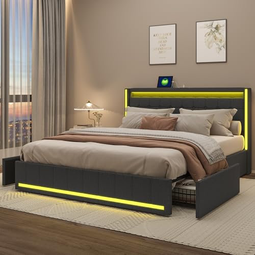Lit 160x200 avec Sommier LED et USB,Lit Double rembourré avec sommier à Lattes et 4 Tiroirs,lit 2 Personnes pour Adultes et Adolescents,Lin (160 x 200 cm B)