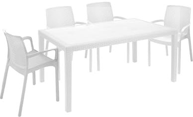 Dmora - Outdoor Lounge Set Tarquinia, Outdoor und Indoor Lounge Set, Feststehender rechteckiger Tisch mit 4 stapelbaren Stühlen, Made in Italy, Weiß