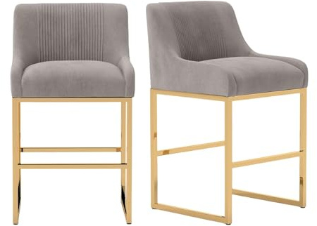 SEYNAR 24-Zoll Samt-Barhocker Set von 2, Moderne Hocker mit Metallgestell, Niedrige Rückenstütze-Barhocker mit verchromten Metallfüßen, Goldene Sitzhocker für Kücheninsel（Gray