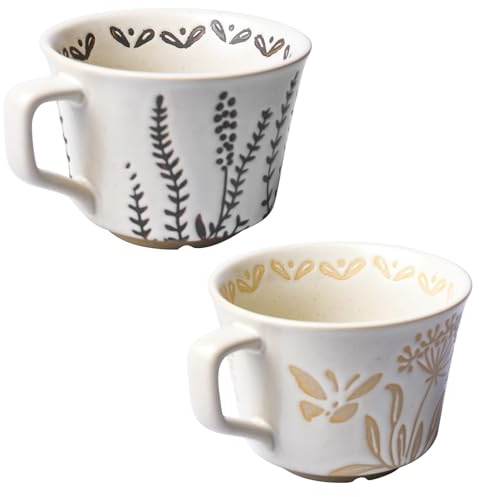 Kaffeetassen 350ml, 2er Set Keramik Kaffeebecher Tassen für Latte Tee Milch Kakao, Teetassen mit Henkel Griff Becherg Geschirrspülerfest Retro Geschenkset Becher, für Küche Haushalt (Pflanzen)