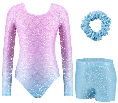 Arshiner Turnanzug Mädchen Langarm Gymnastikanzug Turnbody Hose Haarband | Kinder Akrobatik Anzug,Elastisch,Glitzernde,Ballett Leotard,Tanztrikot,Unitard,3-10Jahre