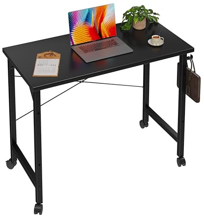 Grandder Rolling Computer 32 inch Desk with Wheels, Wroking Small Desk for Living Room, Modern Simple Style Table for Home Office, Study Writing Table, Caster, Black, 32 inch