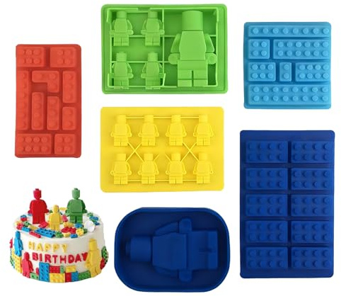 6Pcs Cake Topper, Building Block Themes Silicone Moulds, Building Bricks Multi-Size Candy Moulds Robots Figures Mould for Candy Ice Cube Chocolate Baking