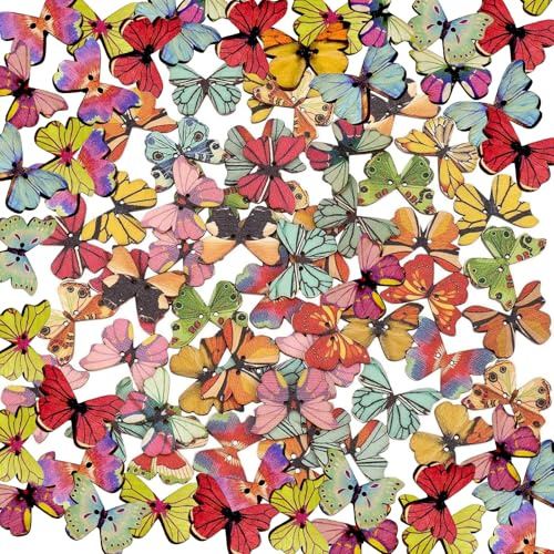 Ovanda Schmetterling Tasten Deko, 50 Stück Holz Schmetterling Konfetti, Holzknöpfe, Streudeko Holz, Schmetterling Holzplättchen Bemalen für Ostern Geburtstag JGA Hochzeit Feier Party Basteln Echtholz
