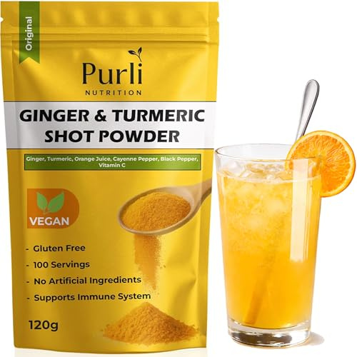 Ginger and Turmeric Shot Powder 120 Servings | Drink Supplement with Vitamin C | Orange, Cayenne, Black Pepper | Vegan | Ginger Shots at Home - Mix with Water, Juice or Tea | 120g