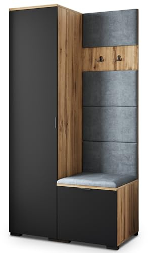 Masseno Flugarderoben Set Lori, Kleiderschrank-Set mit Sitzbank, Garderobenschrank Flur mit 3 Regalböden, Eiche Wotan/Schwarz
