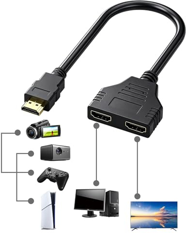 Adaptador Divisor HDMI 1 a 2, HDMI Splitter Macho a Doble Hembra 1080P, Cable Duplicador de Señal para TV, Monitor, Proyector, HDTV, HD LED, LCD y Pantallas HD, 1 Entrada 2 Salidas para 2 pantallas HD