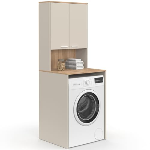 IDMarket - Waschmaschinenoberschrank Wallis mit beigem Schrank und Holz in Buchenoptik