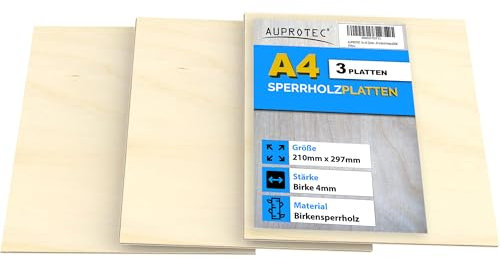 AUPROTEC 3x A4 Placas de madera 4mm Contrachapado de Abedul (210 mm x 297 mm) para manualidades bricolaje marquetería madera maciza contrachapada