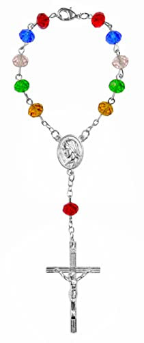 Kaltner Präsente Idée Cadeau - Chapelet de voiture Rosaire court pour Femme ou Homme avec Pendentif Croix - Représentation de Marie et Perles de Verre de Couleur Rouge (Longueur 17 cm)