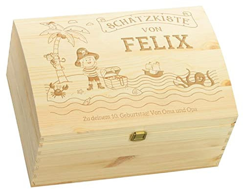 LAUBLUST Holztruhe mit Gravur - Personalisiert mit ✪ Name | WIDMUNG ✪ - Natur, Größe L - Piraten Motiv - Schatztruhe mit Verschluss zum Verschenken