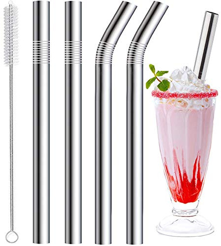 Premium Stainless Steel Straw, 6 Packs 0.4cm Wide Reusable Straws for Boba Tea Smoothies Metal Straws for Yeti Drinking Glasses and 1 Cleaning Brushes
