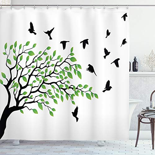 ABAKUHAUS Baum Duschvorhang, Flying Birds Frühling Frieden, Stoffliches Gewebe Badezimmerdekorationsset mit Haken, 175 x 180 cm, Grün Schwarz Weiß