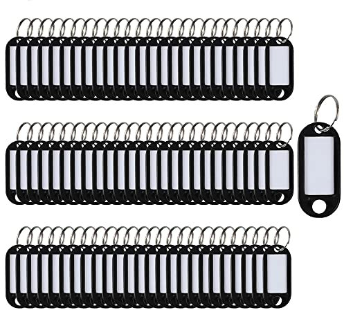 Lot de 100 étiquettes porte-clés en plastique avec anneau fendu, Noir, 5 x 2.2cm