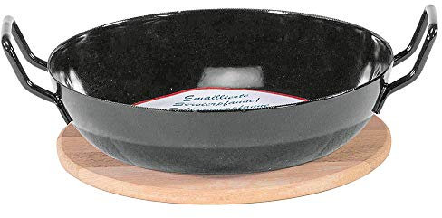 KRÜGER Karl 1220H Schlemmerpfanne mit Holzteller, 20 cm, Stahlemaille, schwarz, 20cm