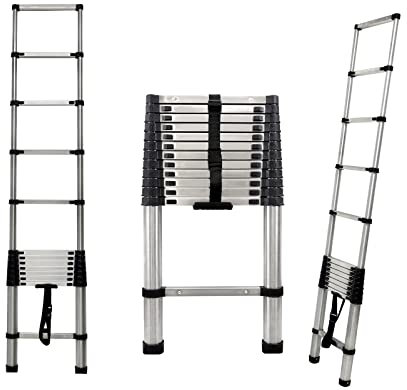 3,8m Teleskopleiter aus Edelstahl, Kompakte Edelstahl Ausziehbare Teleskopleiter, rutschfeste Stufen, Mehrzweckleiter für Dachboden/Lager/Haus/Büro