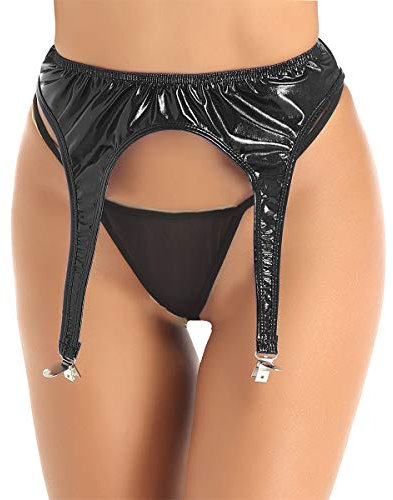 winying Damen Wetlook Strumpfgürtel Strumpfhalter Lack Leder Dessous Stretch Strapsgürtel Gogo Outfit Clubwear Schwarz Einheitsgröße