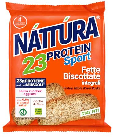 NATTURA PROTEIN SPORT Fette Biscottate Integrali, Fette Integrali Senza Zuccheri Aggiunti, Senza Olio di Palma, Vegane, 23% di Proteine, 4 Confezioni da 30g