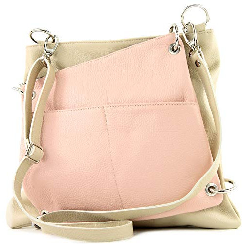 modamoda de - T140 - ital Messengertasche Umhängetasche 2in1 Leder, Farbe:Cremebeige/Rosa