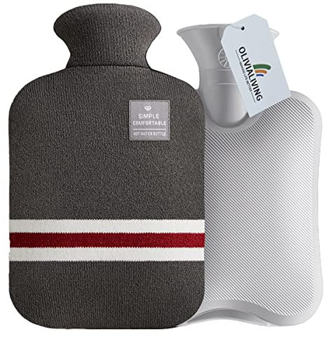 OliviaLiving Wärmflasche mit klassisch gestreiftem Bezug, 2L Wärmbeutel für Menstruationskrämpfe, Nacken- und Schulterschmerzlinderung, Wärme- und Kältetherapien, Handfußwärmer (Tiefgrau)