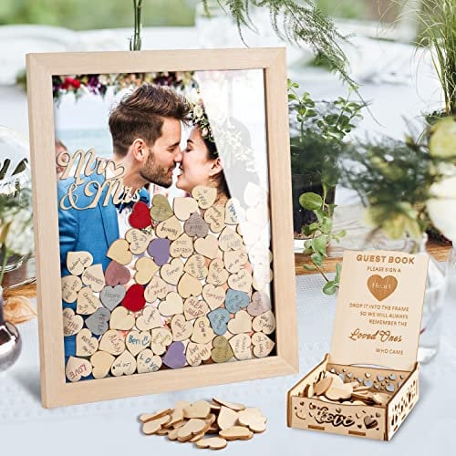 Creawoo Hochzeits Gästebuch Rahmen aus Holz mit 95 leeren Holzherzen für Gast Zeichen, Alternativer Gästebuch Rahmen mit Aufbewahrungsbox, Rustikale Hochzeitsdekoration (Holz)