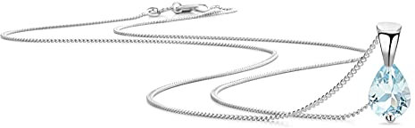 OROVI Schmuck Damen Halskette Weißgold mit Tropfen Kettenanhänger Edelstein/Geburtsstein März blauer Aquamarin Kette aus 9 Karat (375) Gold