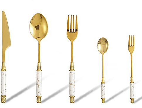 5-Piece Kitchen Silverware Cutlery Set with 410 Stainless Steel Marble Texture Ceramic Handle, Unique Handle Design, Including Knife/Fork/Spoon (White Handle)