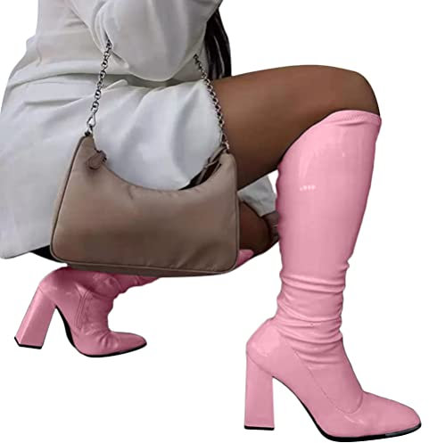 ORANDESIGNE Stivali da Donna con Punta Quadrata Pelle Verniciata Tacco Alto Tacco Grosso Stivali Lunghi Cerniera Laterale Stivali Scarpe da Festa A Rosa 43 EU
