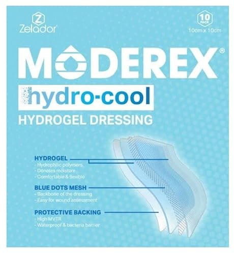 Moderex Hydrocool Hydrogel-Verband für Verbrennungen, nekrotische Wunden, reduziert Schmerzlinderung, 9 x 5,5 cm, 10 Stück