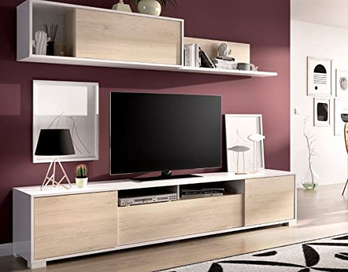 CAESAROO Parete attrezzata porta Tv 200 cm Madison Bianco lucido e Rovere Naturale - Bianco e Naturale