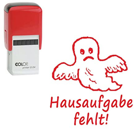 Lehrerstempel Hausaufgabe fehlt - Automatikstempel inkl. Stempelkissen rot - Kinder Motivstempel Gespenst Stempel - 24 x 24 mm