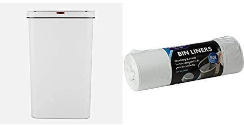 Tower T838005W Sensor Bin with Retainer Ring, Battery-Operated, 50L, White & Addis 518024 Kitchen Waste Bin Liners, White, 50 Litre